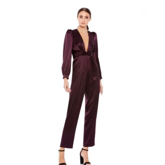 Mac Duggal NWT size 14 satin plunging neckline jumpsuit style 2647 dark purple